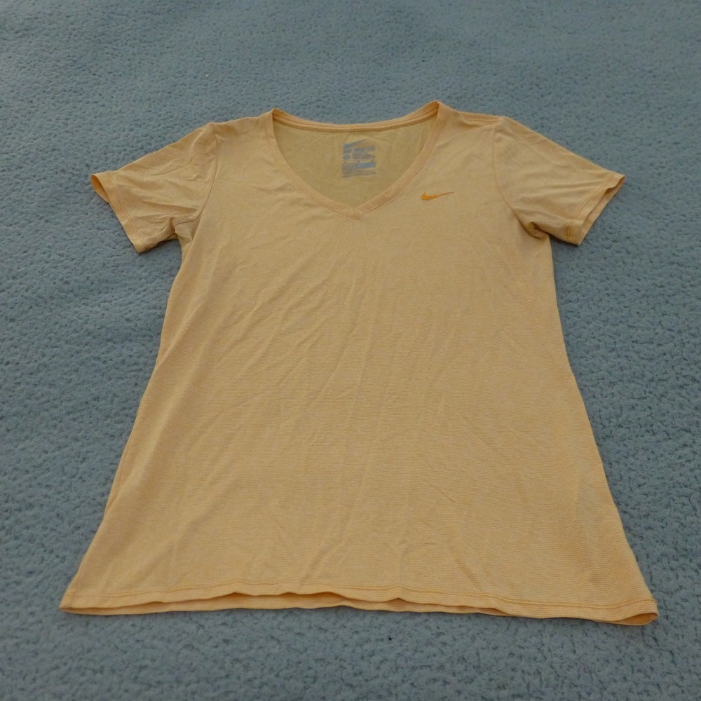 Nike T-Shirt Womens Medium Dri-FIT V-Neck Athletic Orange Striped Short Sleeve
